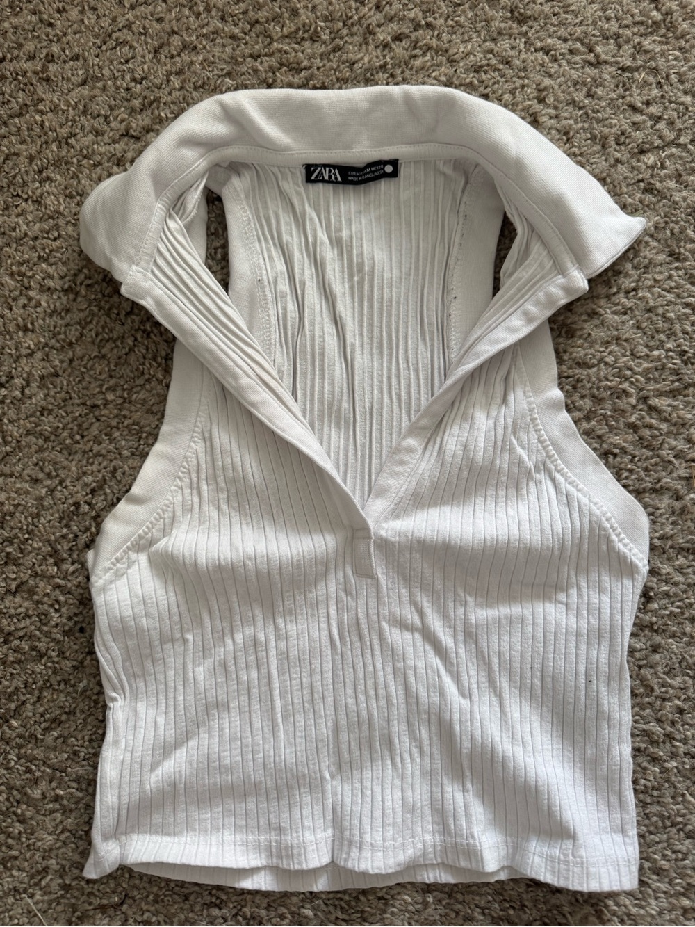 Zara White Ribbed Collared Sleeveless Tank